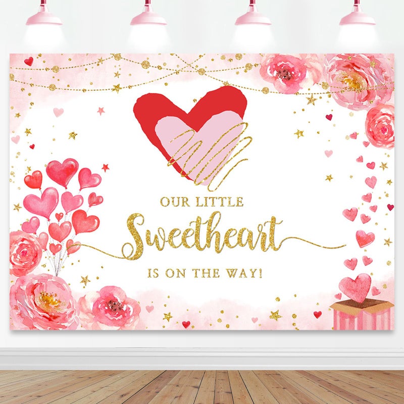 Mocsicka 7x5ft Valentines Day Baby Shower Backdrop Valentine's Day Theme Baby Shower Decorations Background Little Sweetheart is on The Way Photography Background - Image 1