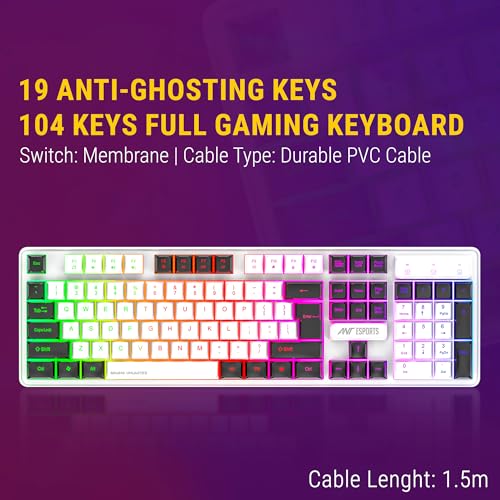 ANT Esports لوحة مفاتيح وفأرة ألعاب LED من Ant Esports KM1610، 104 مفاتيح بإضاءة قوس قزح وفأرة RGB بـ 7 ألوان لأجهزة الكمبيوتر المحمولة والمكتبية وXbox وPS4 للاعبين والعمل، أبيض - Image 3