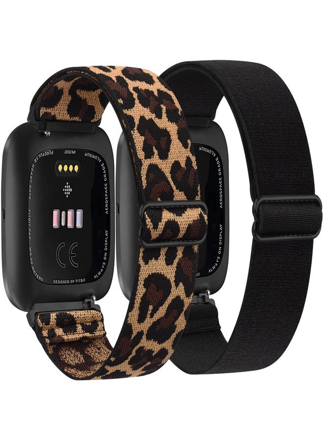 Meliya 2 Pack Elastic Bands Compatible with Fitbit Versa / Versa 2, Adjustable Nylon Sport Stretchy Wristband for Women & Men (Black + Leopard) - Image 1