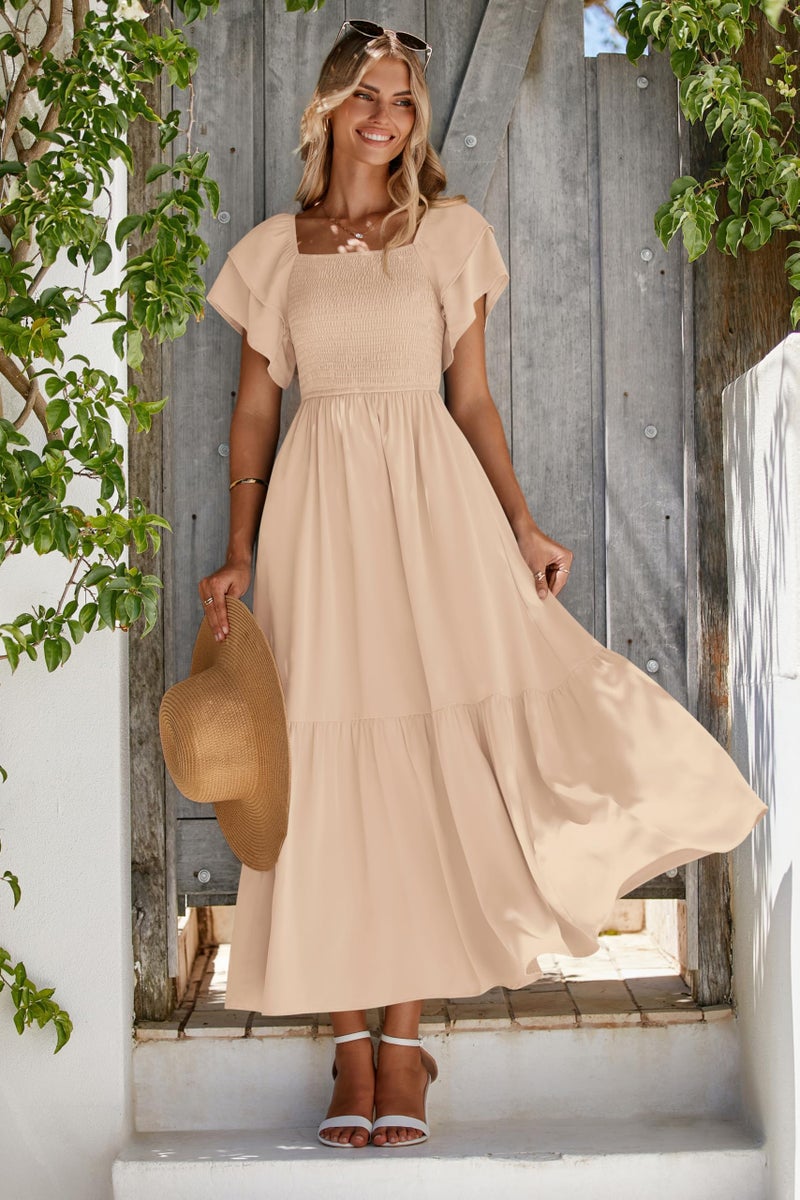 MASCOMODA Womens Summer Casual Midi Dress Square Neck Ruffle Short Sleeve Smocked High Waist A Line Wedding Guest Dresses(Apricot,Large) - Image 2