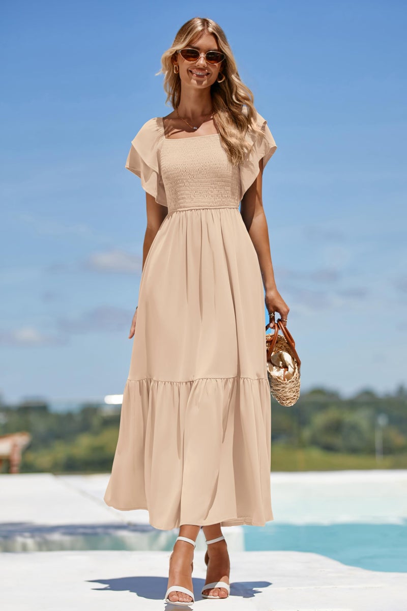 MASCOMODA Womens Summer Casual Midi Dress Square Neck Ruffle Short Sleeve Smocked High Waist A Line Wedding Guest Dresses(Apricot,Large) - Image 4