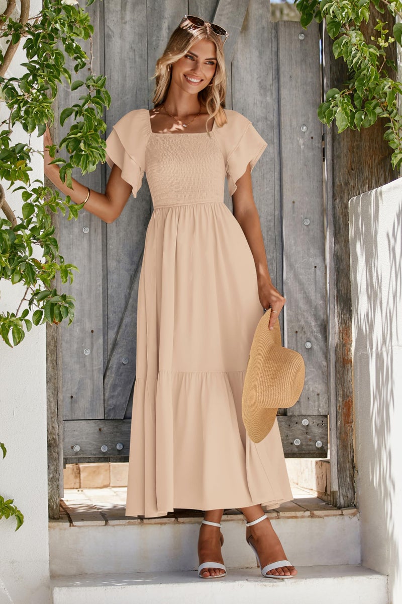 MASCOMODA Womens Summer Casual Midi Dress Square Neck Ruffle Short Sleeve Smocked High Waist A Line Wedding Guest Dresses(Apricot,Large) - Image 3