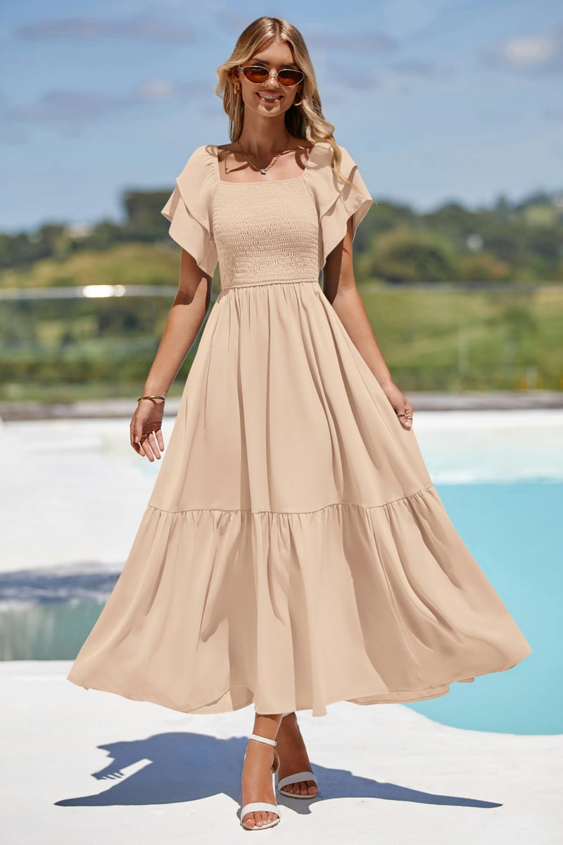 MASCOMODA Womens Summer Casual Midi Dress Square Neck Ruffle Short Sleeve Smocked High Waist A Line Wedding Guest Dresses(Apricot,Large) - Image 5