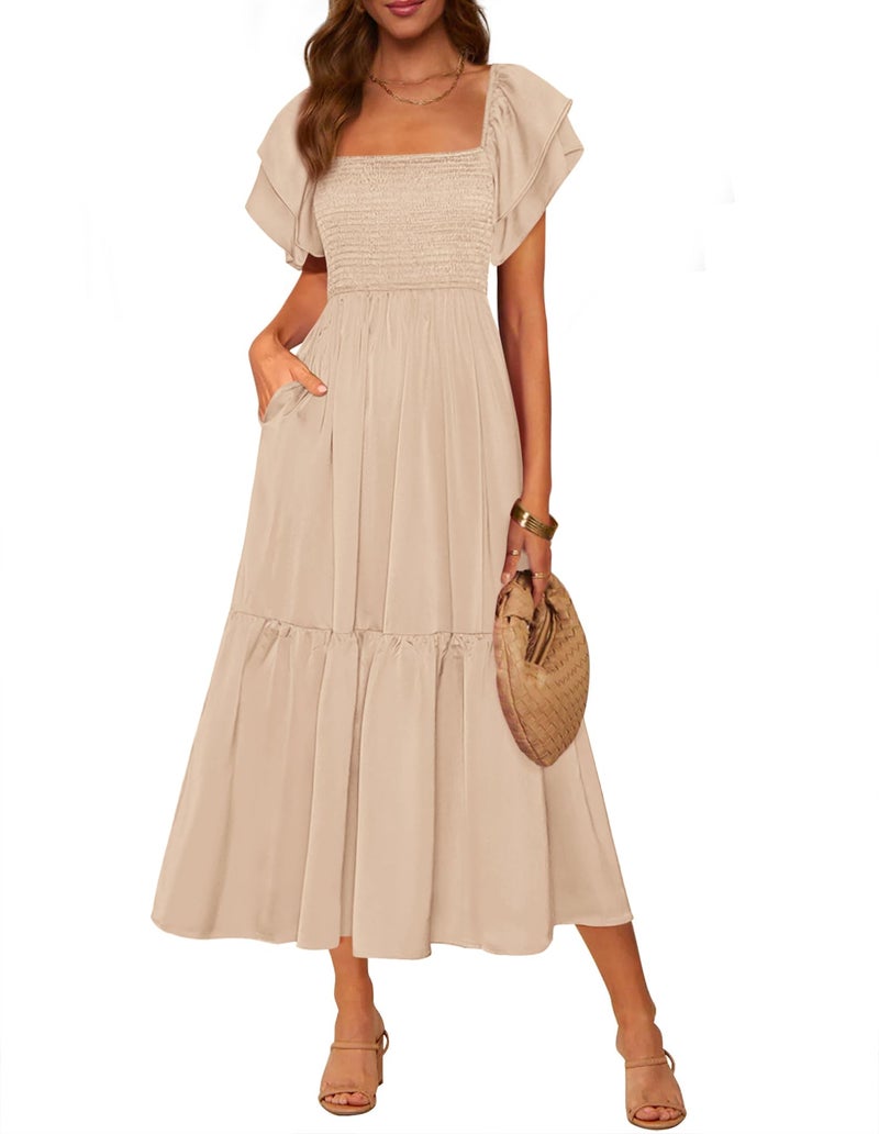 MASCOMODA Womens Summer Casual Midi Dress Square Neck Ruffle Short Sleeve Smocked High Waist A Line Wedding Guest Dresses(Apricot,Large) - Image 1