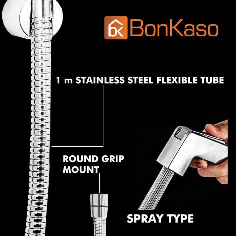 BonKaso صنبور صحي بونكاسو HF1014 من بلاستيك ABS برشاش دوار 360 درجة مع خرطوم مرن من الفولاذ المقاوم للصدأ بطول 1 متر لتواليت بتشطيب كروم عبوة من 1 - Image 3