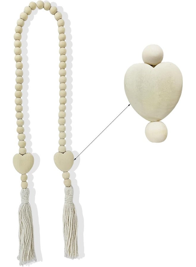 YINZUO YINZUO Boho Wooden Bead Garland with Tassels and Heart Charms Rustic Farmhouse Hanging Ornament for Tiered Tray, Jars, Wall Decor, Table Centerpiece Natural Wood (Design 2)  - Image 2