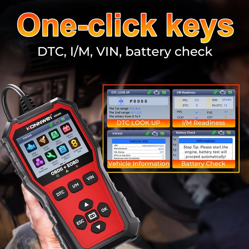 Konnwei KW340 OBD2 Scanner With I M Readiness Battery Check One Click Keys Auto Repair Lifeprint - Image 3