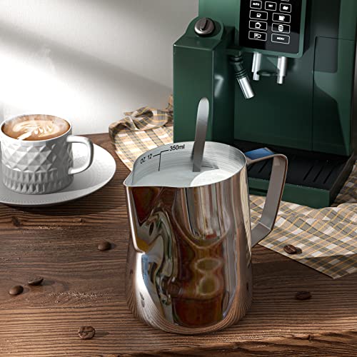 SIKEMAY Milk Frothing Pitcher Cup, 12oz/350ML Milk Frother Cup Stainless Steel Steaming Pitcher Milk Jug Coffee Latte Art Cappuccino Espresso Machine Accessories Barista Steam Pitchers Attached Dessert Spoons - Image 2