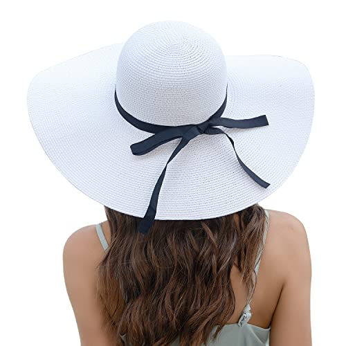 Naivlizer Women Wide Brim Sun Hat UPF50 Straw Summer Hat Floppy Beach Hat Roll-Up,Tie White - Image 2