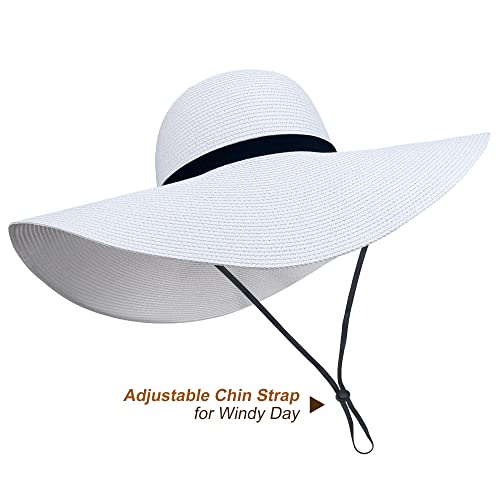 Naivlizer Women Wide Brim Sun Hat UPF50 Straw Summer Hat Floppy Beach Hat Roll-Up,Tie White - Image 3