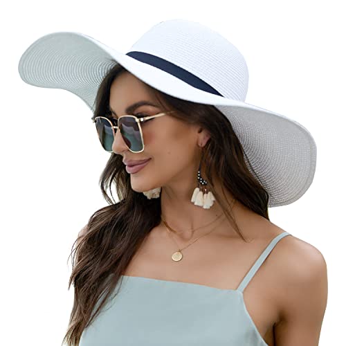 Naivlizer Women Wide Brim Sun Hat UPF50 Straw Summer Hat Floppy Beach Hat Roll-Up,Tie White - Image 1
