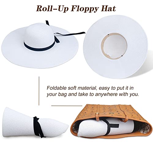 Naivlizer Women Wide Brim Sun Hat UPF50 Straw Summer Hat Floppy Beach Hat Roll-Up,Tie White - Image 4