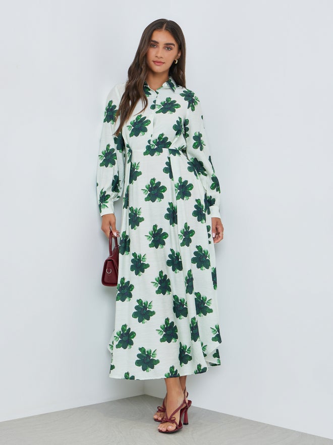 Styli Green Floral Cuffed Sleeves Shirt Maxi Dress