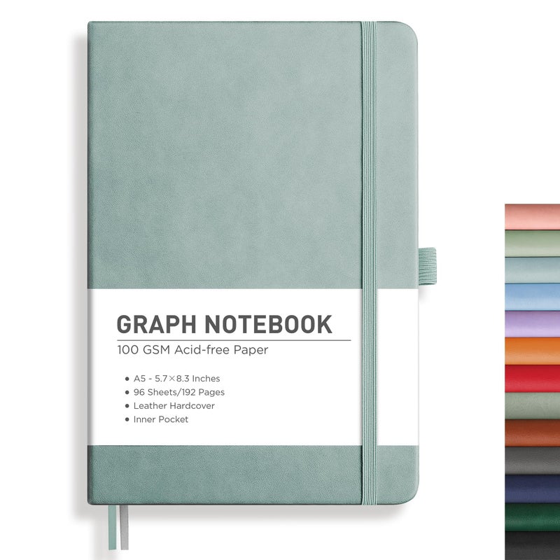RETTACY Graph Grid Paper Notebook, 192 Pages, A5 Medium Size (5.7'' x 8.3''), 5 Squares per Inch, Leather Hardcover, 100 GSM Thick Paper, for School, Students, Math, Engineering (Blue-gray) - Image 1