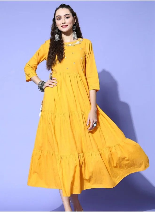 ISHIN Mustard Yellow Embellished A-Line Cotton Midi Dress