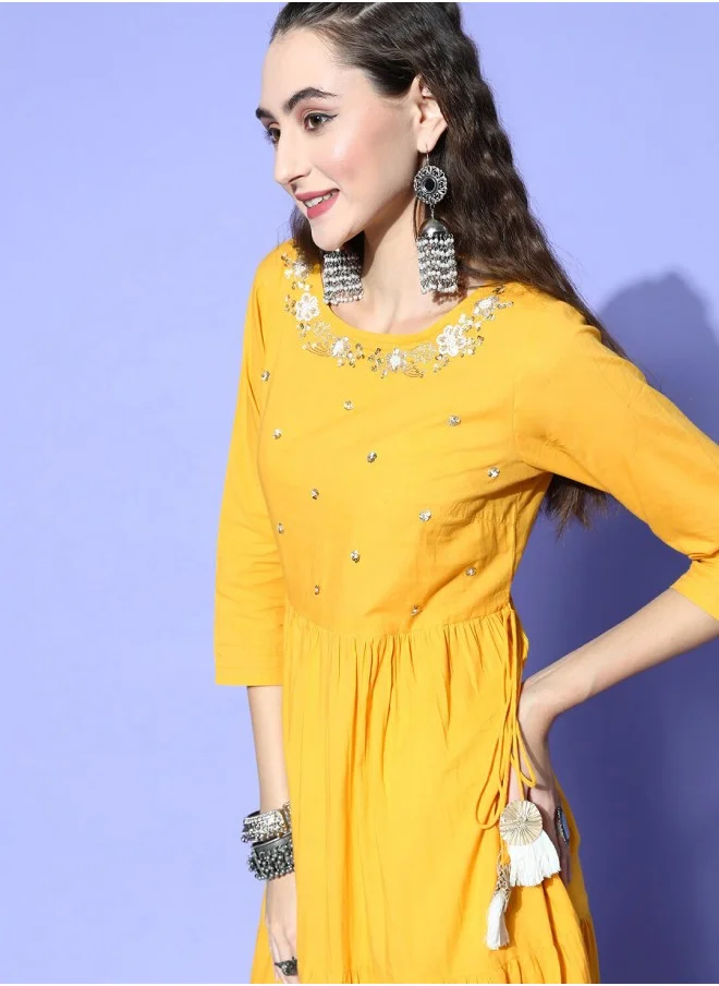 ISHIN Mustard Yellow Embellished A-Line Cotton Midi Dress