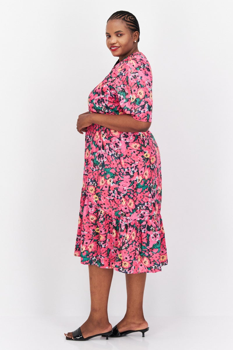 Hope & Ivy فستان ميدي كاجوال مطبوع بالكامل للنساء، مجموعة وردية - Image 3