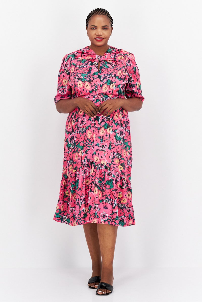 Hope & Ivy فستان ميدي كاجوال مطبوع بالكامل للنساء، مجموعة وردية - Image 1