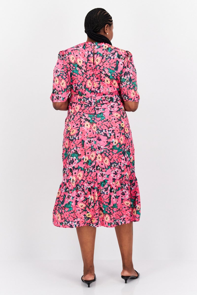 Hope & Ivy فستان ميدي كاجوال مطبوع بالكامل للنساء، مجموعة وردية - Image 4