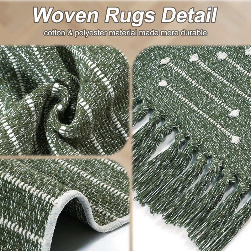 LIVEBOX Boho Green Bathroom Rug, Woven Bath Mat with Tassel Washable Cotton Blend Small Area Rug for Kitchen, Front Door(2'x3') - Image 4