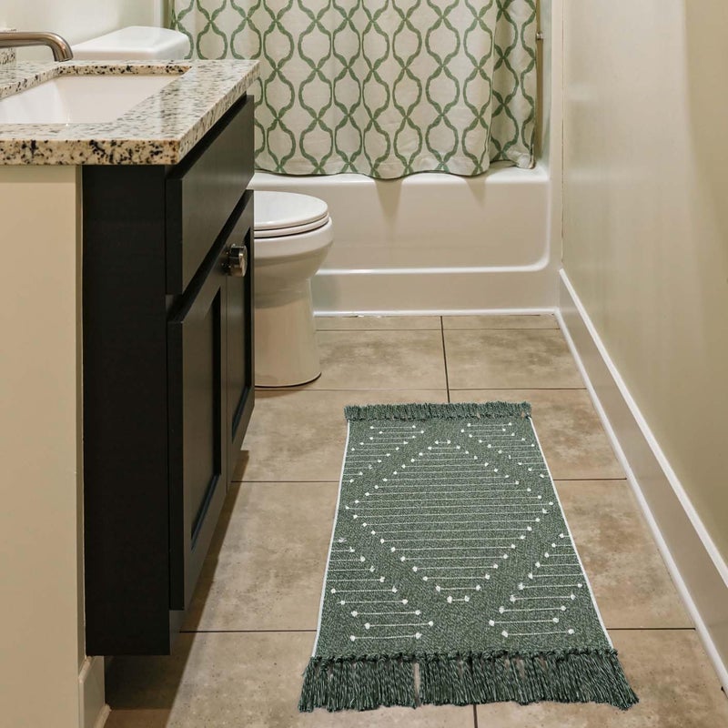 LIVEBOX Boho Green Bathroom Rug, Woven Bath Mat with Tassel Washable Cotton Blend Small Area Rug for Kitchen, Front Door(2'x3') - Image 3