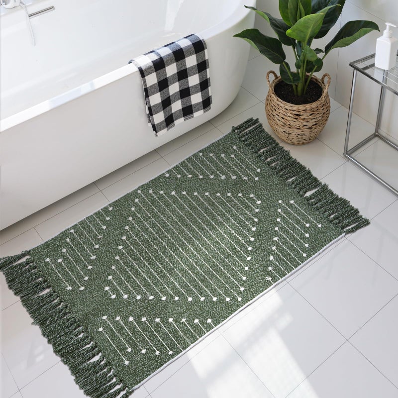LIVEBOX Boho Green Bathroom Rug, Woven Bath Mat with Tassel Washable Cotton Blend Small Area Rug for Kitchen, Front Door(2'x3') - Image 1