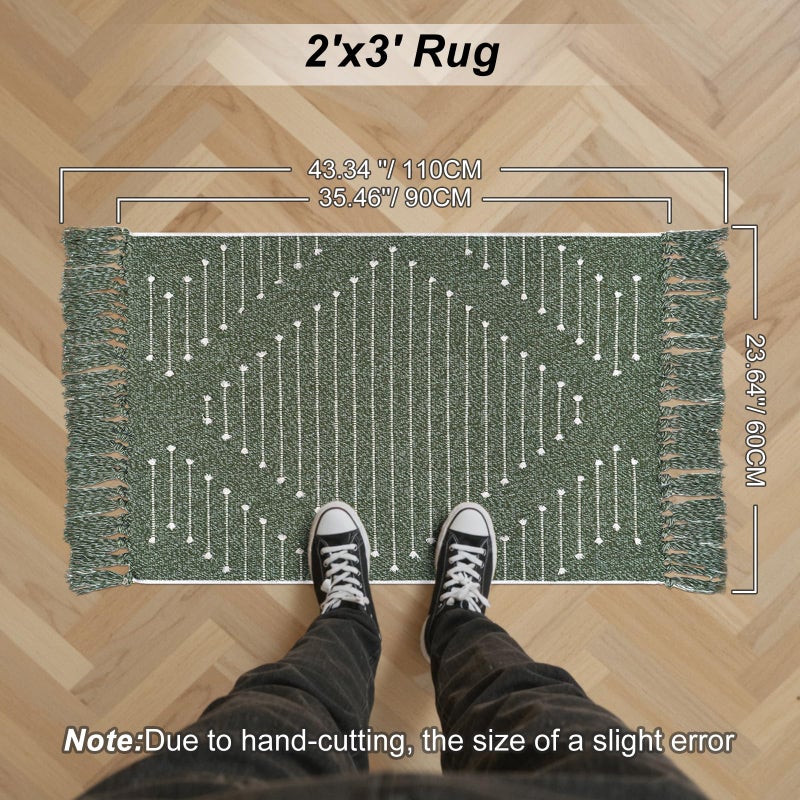 LIVEBOX Boho Green Bathroom Rug, Woven Bath Mat with Tassel Washable Cotton Blend Small Area Rug for Kitchen, Front Door(2'x3') - Image 2