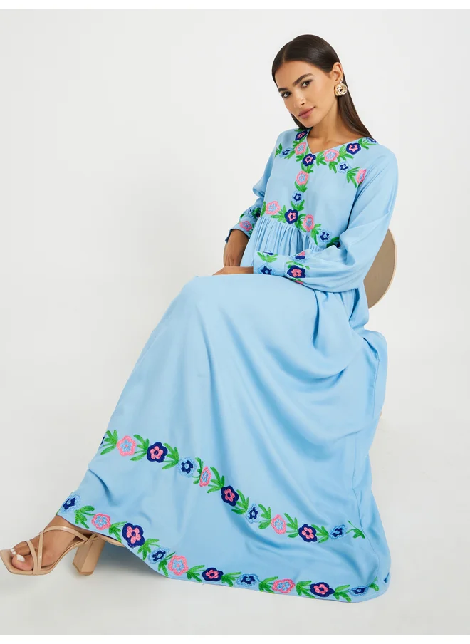 Maxim Creation Maxim Creation Embroidered V Neck Gathered Jalabiya