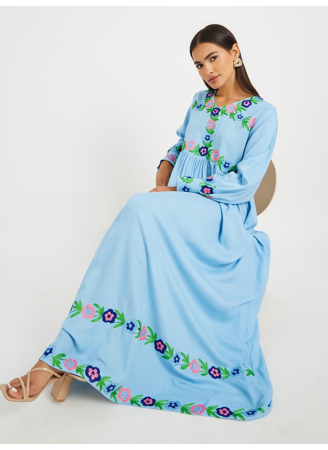 Maxim Creation Maxim Creation Embroidered V Neck Gathered Jalabiya  - Image 1