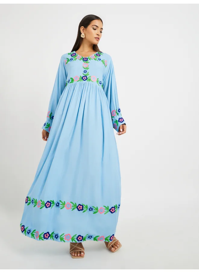 Maxim Creation Maxim Creation Embroidered V Neck Gathered Jalabiya