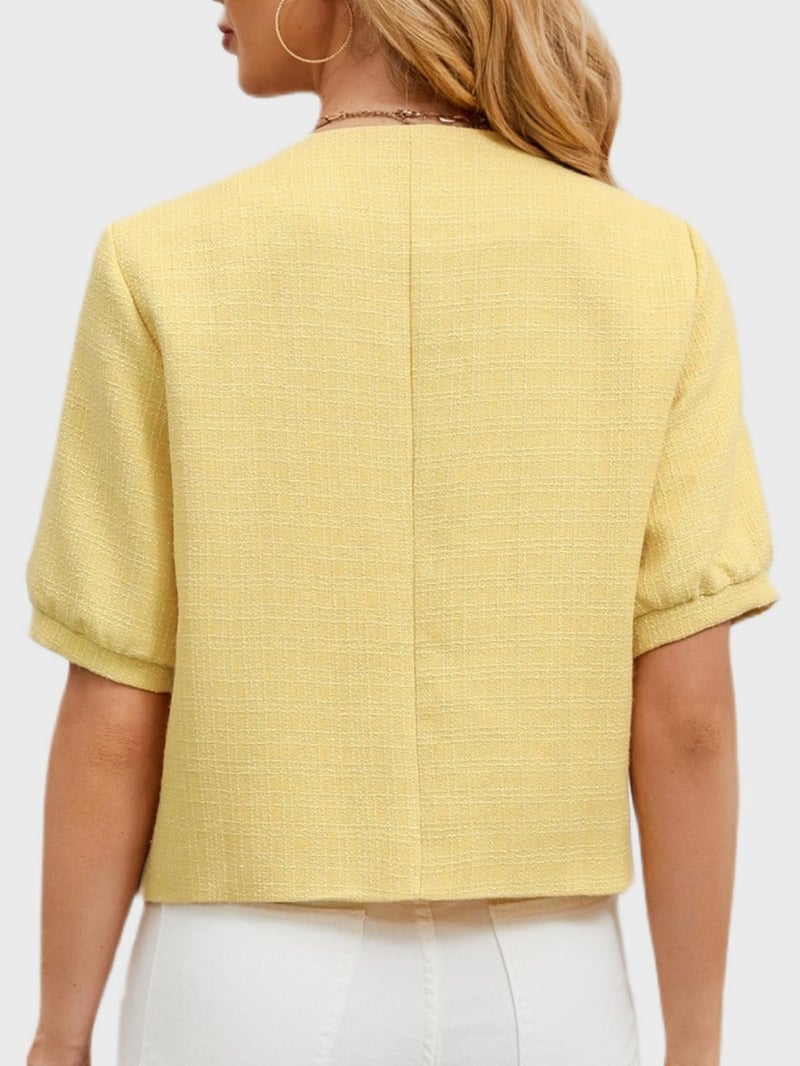LifeShe Puff Short Sleeve Tweed Jacket Women Cropped Jackets Summer Open Front Office Work Blazer Coat - Image 2