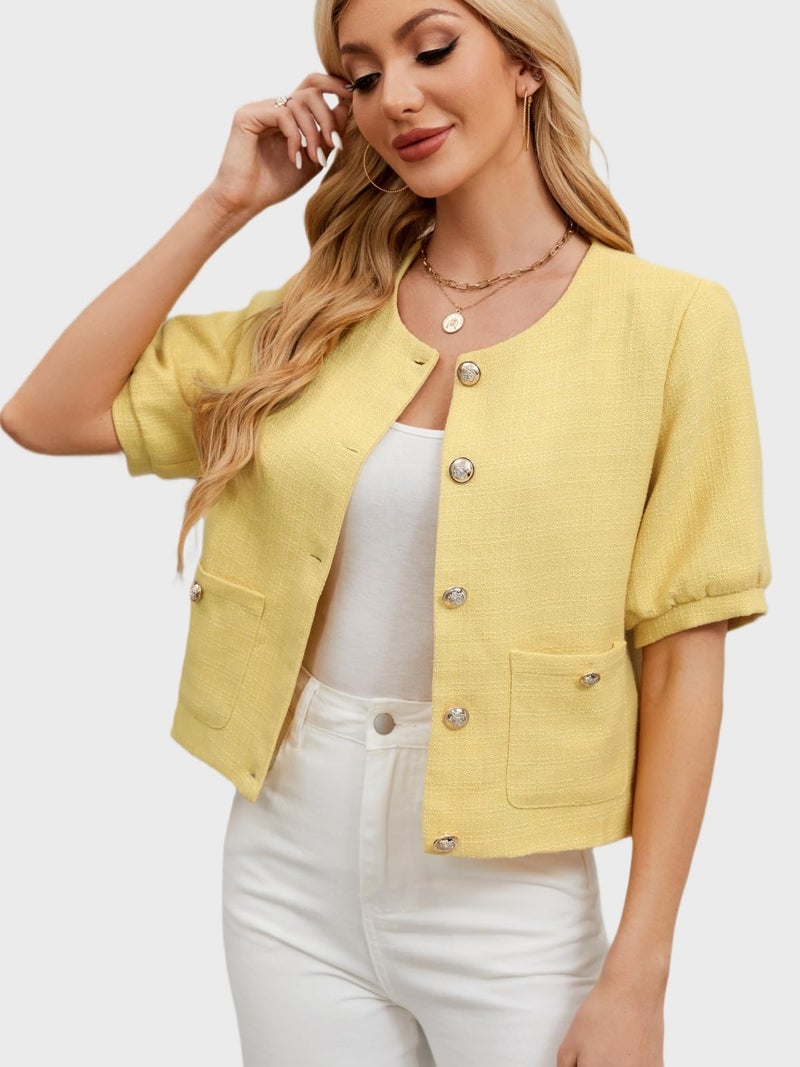 LifeShe Puff Short Sleeve Tweed Jacket Women Cropped Jackets Summer Open Front Office Work Blazer Coat - Image 4