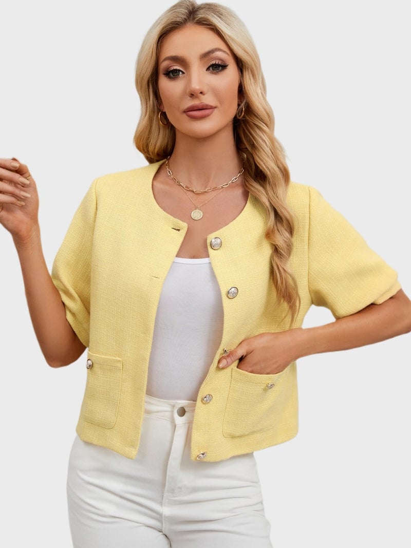 LifeShe Puff Short Sleeve Tweed Jacket Women Cropped Jackets Summer Open Front Office Work Blazer Coat - Image 5