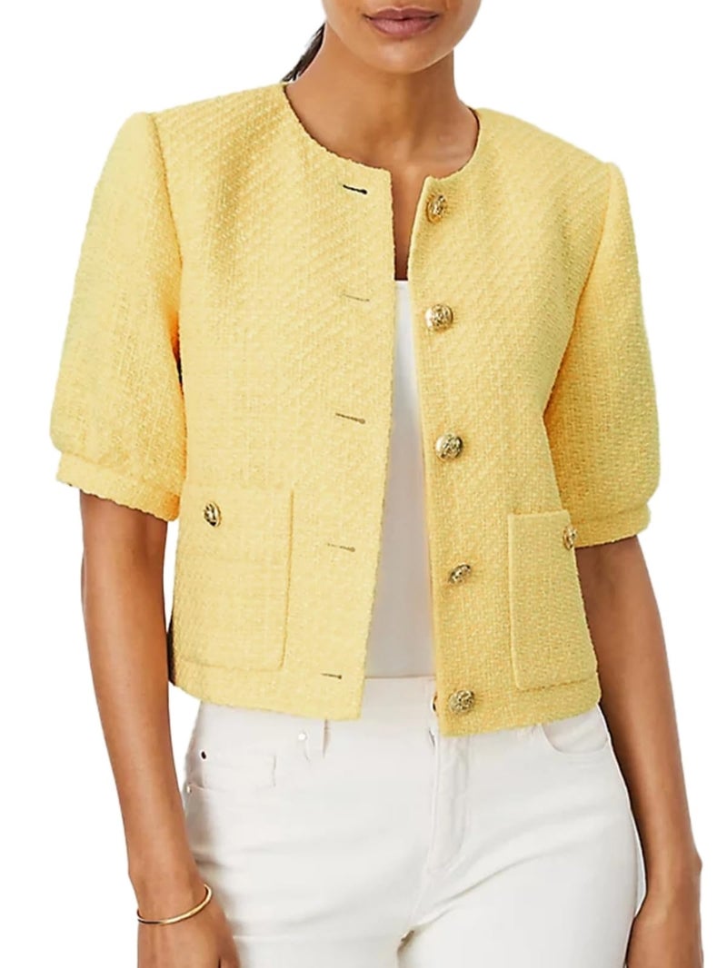 LifeShe Puff Short Sleeve Tweed Jacket Women Cropped Jackets Summer Open Front Office Work Blazer Coat - Image 1