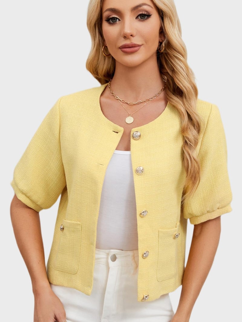 LifeShe Puff Short Sleeve Tweed Jacket Women Cropped Jackets Summer Open Front Office Work Blazer Coat - Image 3