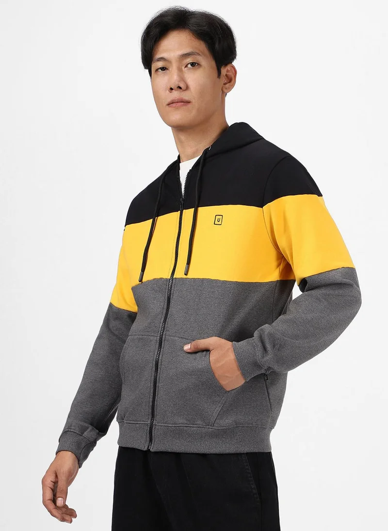 Urbano Fashion Men's Black, Yellow, Charcoal Color Block Cotton Zippered Hooded Sweatshirt