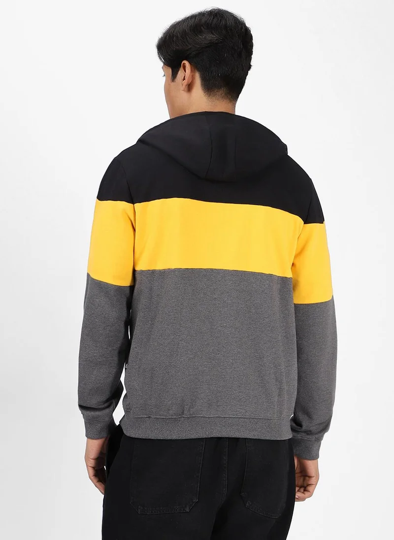 Urbano Fashion  Urbano Fashion Men's Black, Yellow, Charcoal Color Block Cotton Zippered Hooded Sweatshirt for Men | Best Price UAE