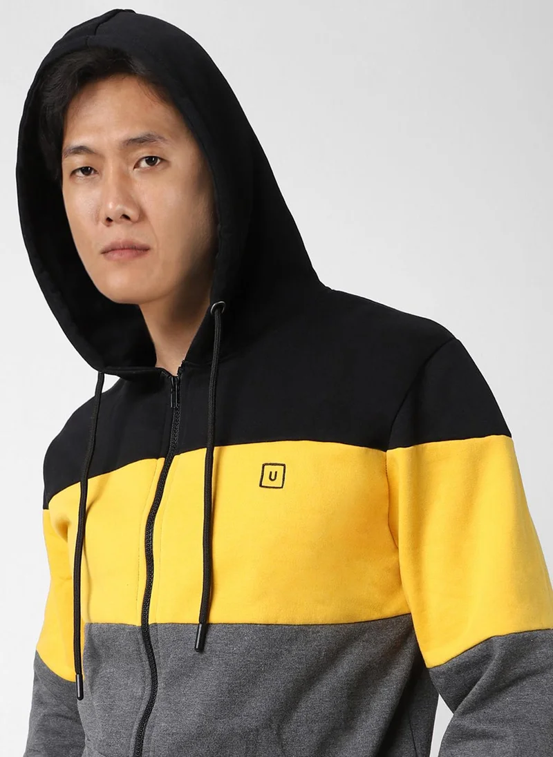 Urbano Fashion  Urbano Fashion Men's Black, Yellow, Charcoal Color Block Cotton Zippered Hooded Sweatshirt for Men | Best Price UAE
