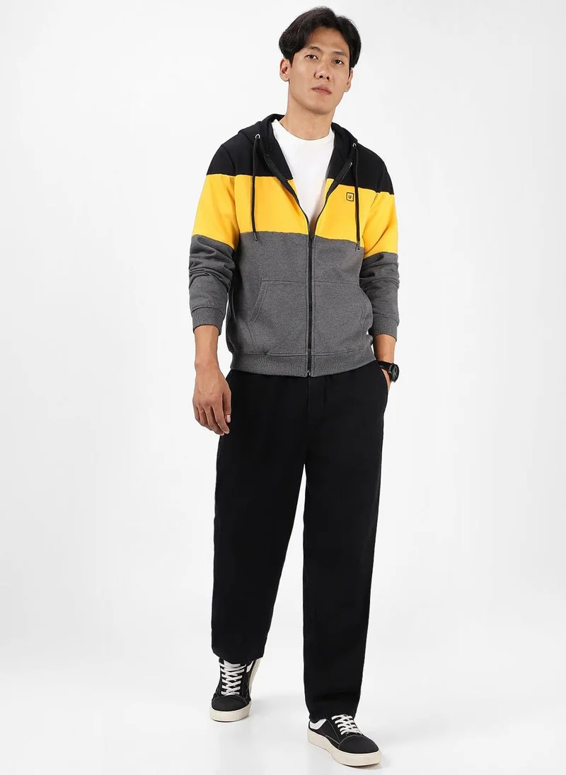 Urbano Fashion  Urbano Fashion Men's Black, Yellow, Charcoal Color Block Cotton Zippered Hooded Sweatshirt for Men | Best Price UAE