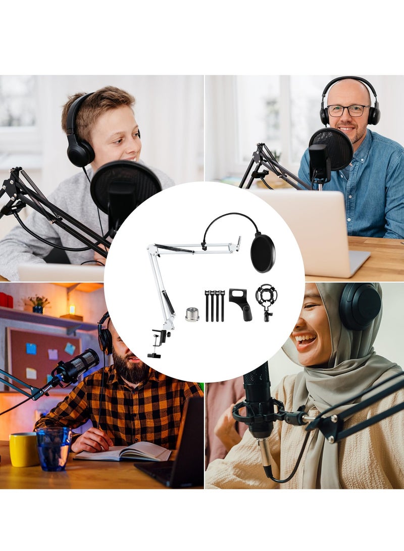 ذراع ميكروفون، حامل ميكروفون قابل للتعديل، مع حامل صدمات، فلتر بوب، 5 روابط كابلات، ذراع ميكروفون مكتبي، مع حامل هاتف محمول، للتسجيل، البث الصوتي، محطة التلفزيون، أبيض - Image 4