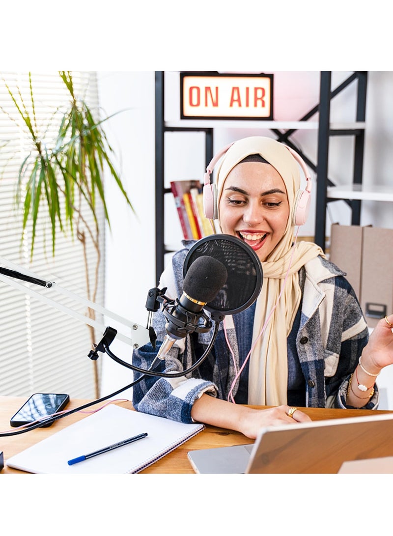 ذراع ميكروفون، حامل ميكروفون قابل للتعديل، مع حامل صدمات، فلتر بوب، 5 روابط كابلات، ذراع ميكروفون مكتبي، مع حامل هاتف محمول، للتسجيل، البث الصوتي، محطة التلفزيون، أبيض - Image 2