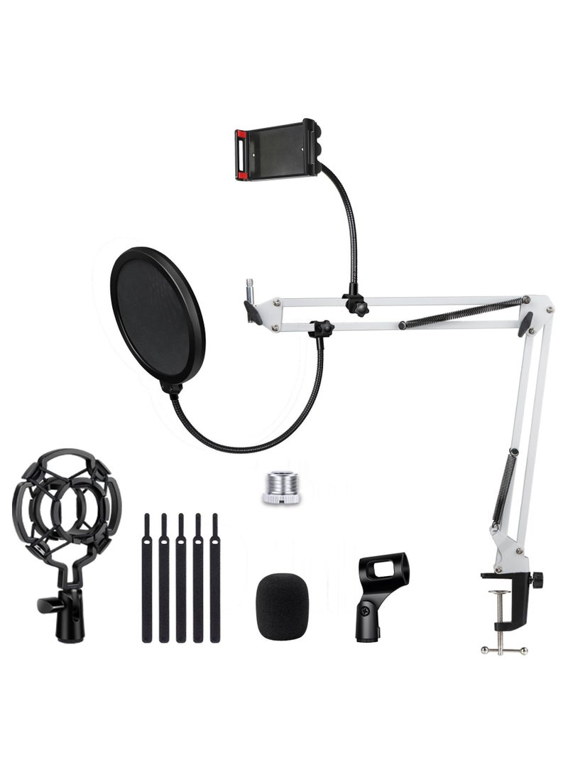 ذراع ميكروفون، حامل ميكروفون قابل للتعديل، مع حامل صدمات، فلتر بوب، 5 روابط كابلات، ذراع ميكروفون مكتبي، مع حامل هاتف محمول، للتسجيل، البث الصوتي، محطة التلفزيون، أبيض - Image 1