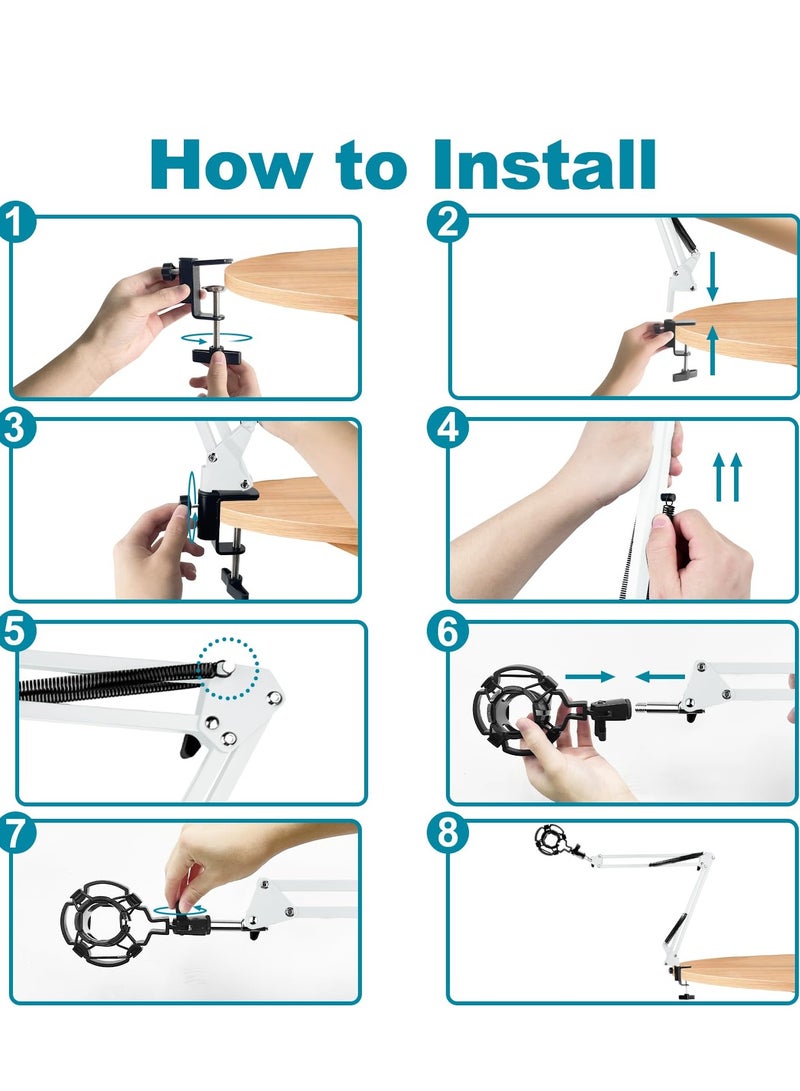 ذراع ميكروفون، حامل ميكروفون قابل للتعديل، مع حامل صدمات، فلتر بوب، 5 روابط كابلات، ذراع ميكروفون مكتبي، مع حامل هاتف محمول، للتسجيل، البث الصوتي، محطة التلفزيون، أبيض - Image 3