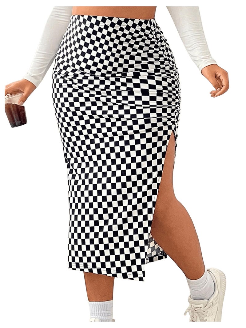 WDIRARA Women's Plus Size Checkered Ruched Midi Skirt High Waist Split Thigh Pencil Skirts Black and White XX-Large Plus - Image 1