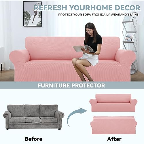 LURKA Stretch Sofa Slipcovers 1 Piece Couch Covers for 3 Cushion Couch Sofa Furniture Protector Full Sofa Covers with Elastic Bottom for Kids and Dog (Large, Pink) - Image 3