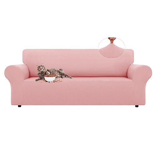 LURKA Stretch Sofa Slipcovers 1 Piece Couch Covers for 3 Cushion Couch Sofa Furniture Protector Full Sofa Covers with Elastic Bottom for Kids and Dog (Large, Pink) - Image 1