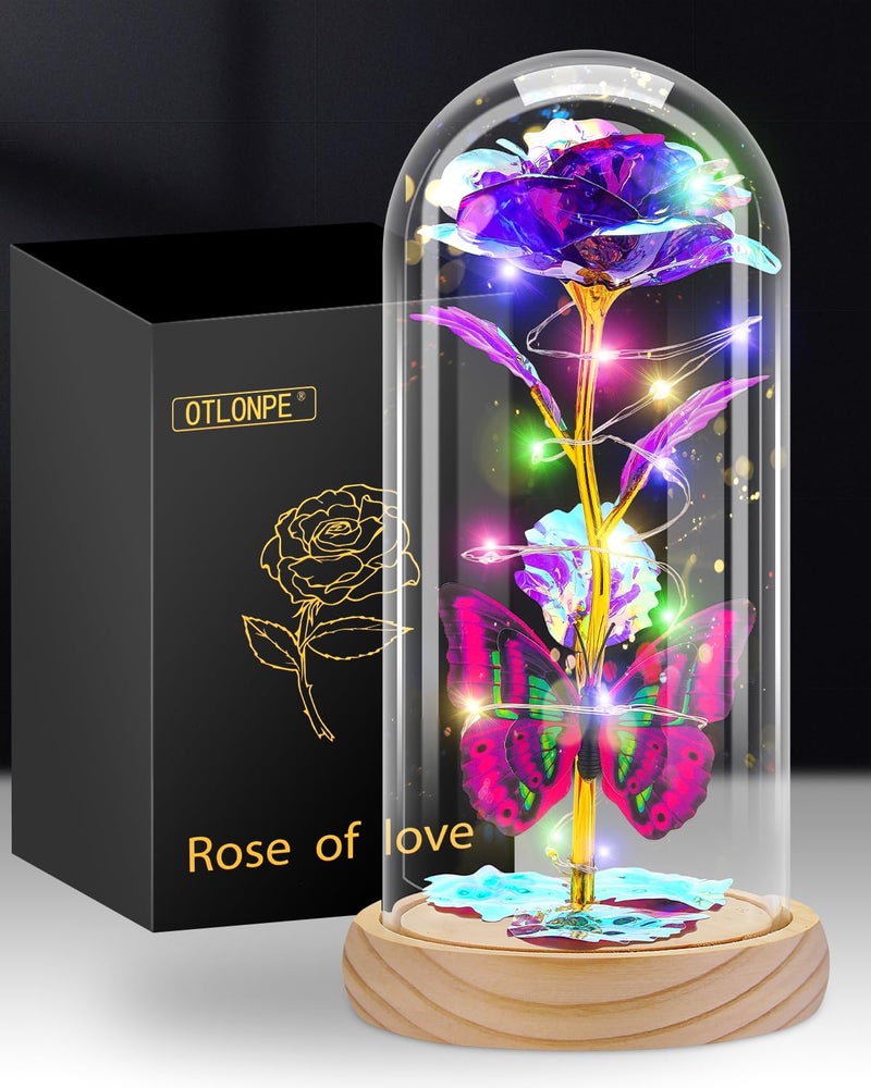 Otlonpe Glass Rose Flower Gifts for Women  Romantic Christmas Birthday Gifts for Women Mom Wife Girlfriend Grandma Sister  Wood Base Led Light Up Rose Her Gifts for Christmas Anniversary Thanksgiving - Image 1