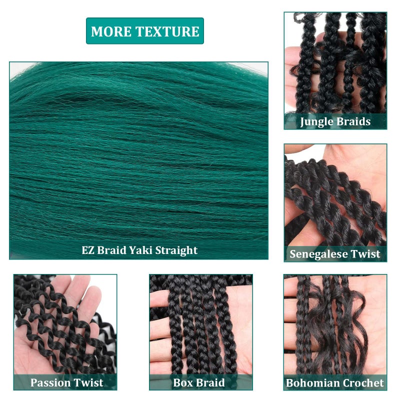 UPruyo Dark Green Braiding Hair Pre Stretched Teal Braiding Hair 26 Inch Knotless Kanekalo Colorful Prestretched Braiding Hair Extensions (Teal-3 Packs) - Image 2
