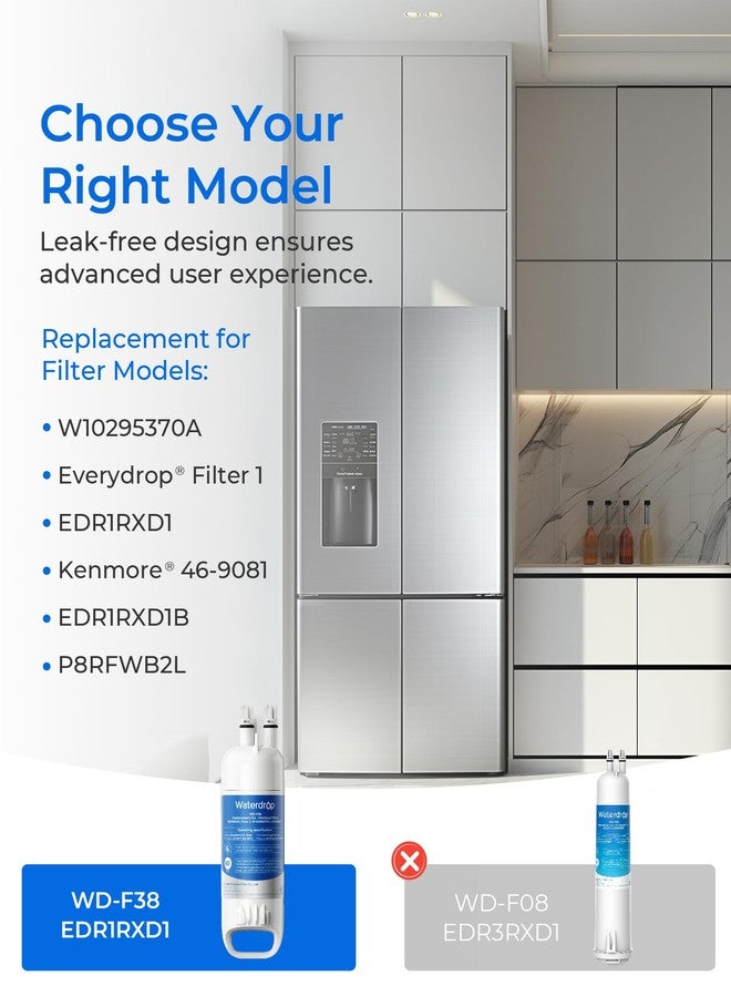 ووتر دروب فلتر مياه بديل من Waterdrop طراز EDR1RXD1 لفلتر Everydrop® رقم 1، وWhirlpool® W10295370A، وEDR1RXD1B، وP8RFWB2L، وP4RFWB، وWD-F38، وKenmore® 46-9081، و46-9930، عبوة من 3 فلاتر - Image 2