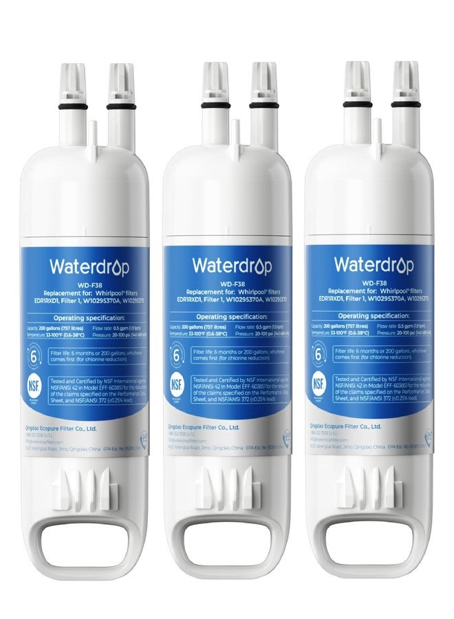 ووتر دروب فلتر مياه بديل من Waterdrop طراز EDR1RXD1 لفلتر Everydrop® رقم 1، وWhirlpool® W10295370A، وEDR1RXD1B، وP8RFWB2L، وP4RFWB، وWD-F38، وKenmore® 46-9081، و46-9930، عبوة من 3 فلاتر - Image 1